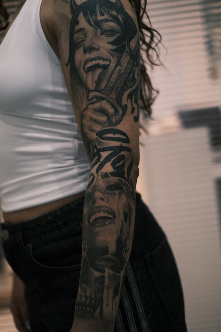 Black and grey surrealism tattoo by Zackel