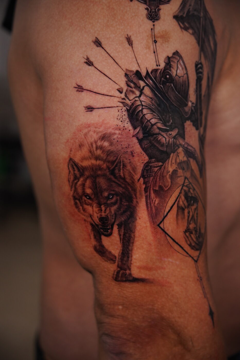 Dragon & Pagoda — black and grey abstract realism tattoo by Zackel
